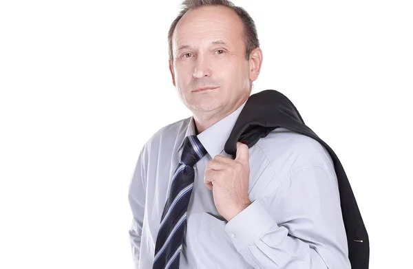 Kendine güvenen işadamı bir ceket omzunun üzerinden holding — Stok fotoğraf