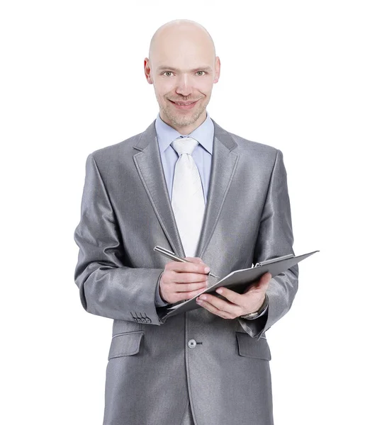 Smiling businessman with documents .isolated on white. — Stock Photo, Image