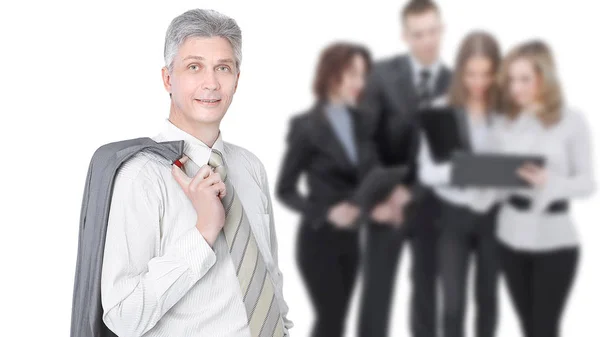 Uomo d'affari moderno sullo sfondo del team di lavoro — Foto Stock
