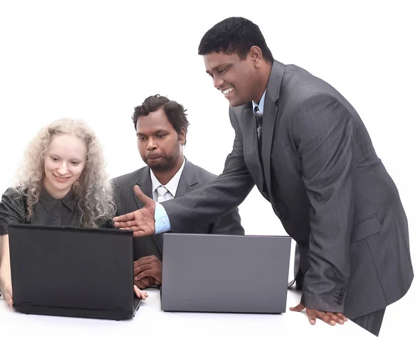 Successful business team discussing the information with the la — Stock Photo, Image