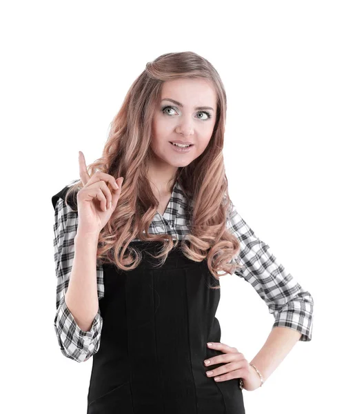 Young business woman pointing upwards at copy space. — Stock Photo, Image