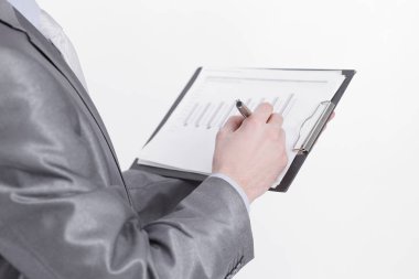 Yan görünüş. Mali belgeleri olan kendine güvenen bir iş adamı