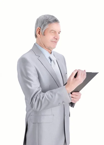 Homem de negócios maduro com documentos.isolated em um branco — Fotografia de Stock