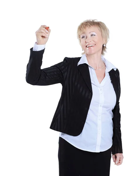 Modern affärskvinna pekar på en virtuell punkt. — Stockfoto