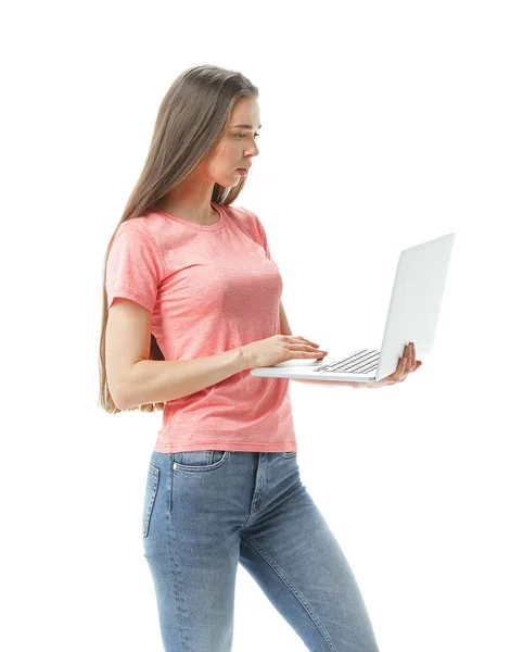 白い背景の上の laptop.isolated と気配りのある女子生徒 — ストック写真