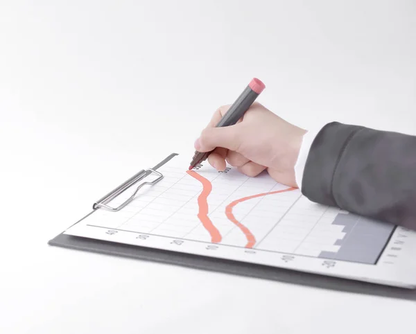 Närbild. Affärsman rita ett lager chart.isolated på vit — Stockfoto