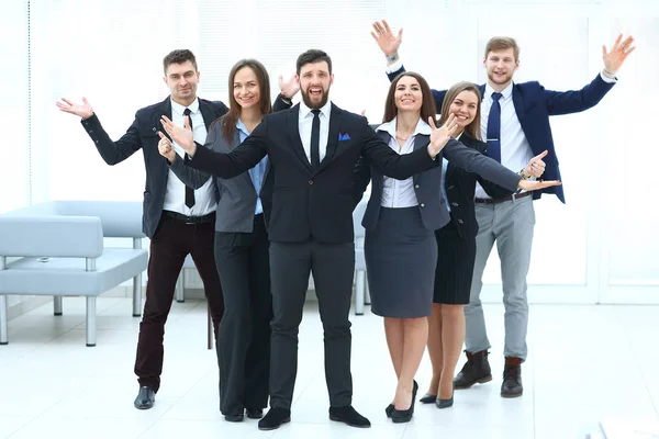 Portrait of happy business team on office background — Stock Photo, Image