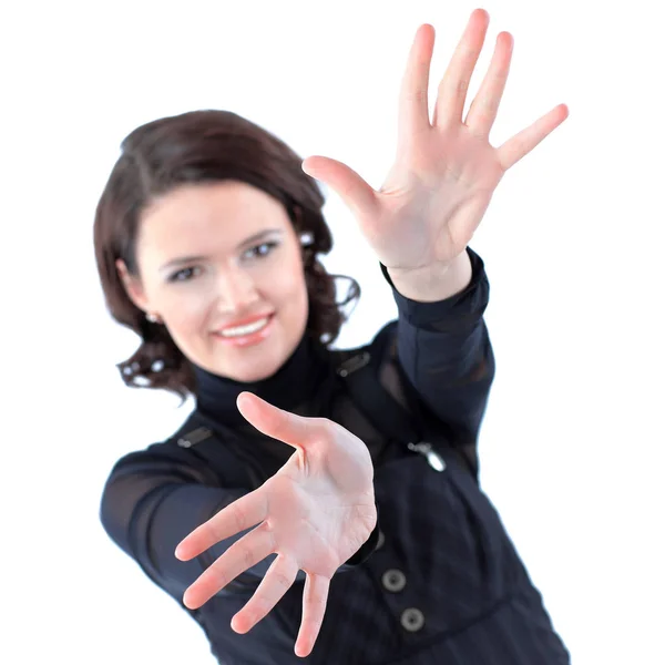 Beautiful business woman with hands in different directions ready to embrace — Stock Photo, Image