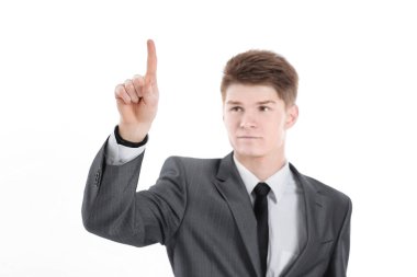 yakışıklı işadamı fark iz gösteriliyor. beyaz bir arka plan üzerinde izole