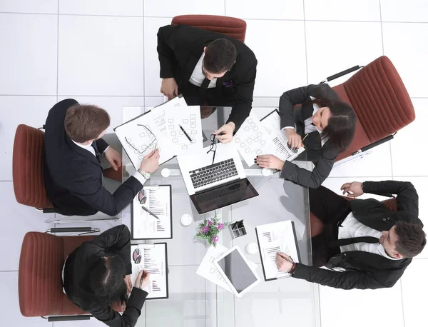 Widok z góry. biznes kobieta trzyma spotkanie robocze z zespołu business — Zdjęcie stockowe