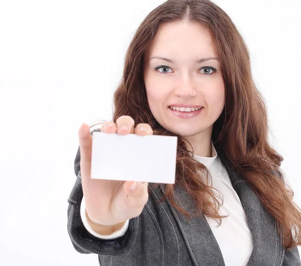 .exitosa mujer de negocios mostrando tarjeta de visita en blanco — Foto de Stock