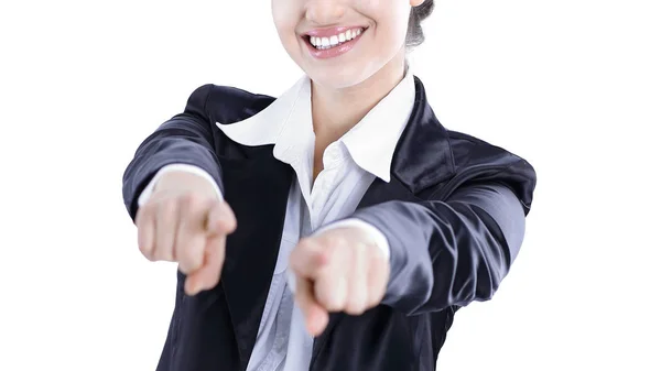 Mulher de negócios confiante mostrando as mãos forward.isolated no branco . — Fotografia de Stock