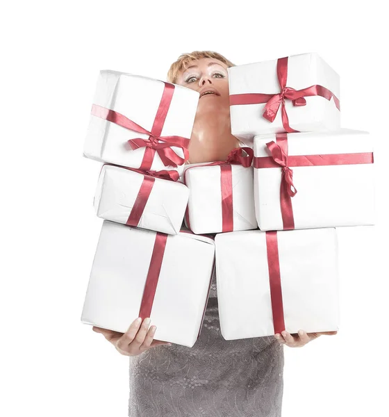 Closeup.beautiful Frau mit Geschenkboxen.isolation auf einem weißen — Stockfoto