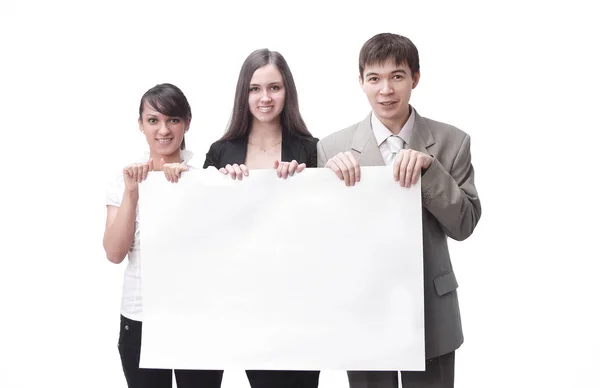 Equipe de negócios bem sucedida segurando um banner em branco. foto com espaço de cópia — Fotografia de Stock