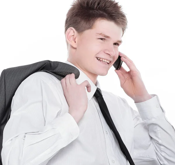 Close-up. Manager praten op zijn mobiele telefoon. geïsoleerd op wit — Stockfoto