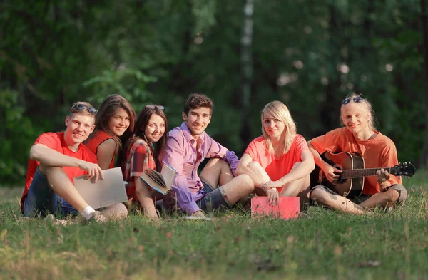 Grupa znajomych studentów z książek i gitara, siedząc na trawie w parku — Zdjęcie stockowe