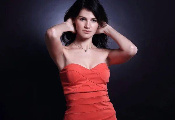 Bela Jovem Mulher Vestido Vermelho Isolado Black Photo Com Espaço — Fotografia de Stock