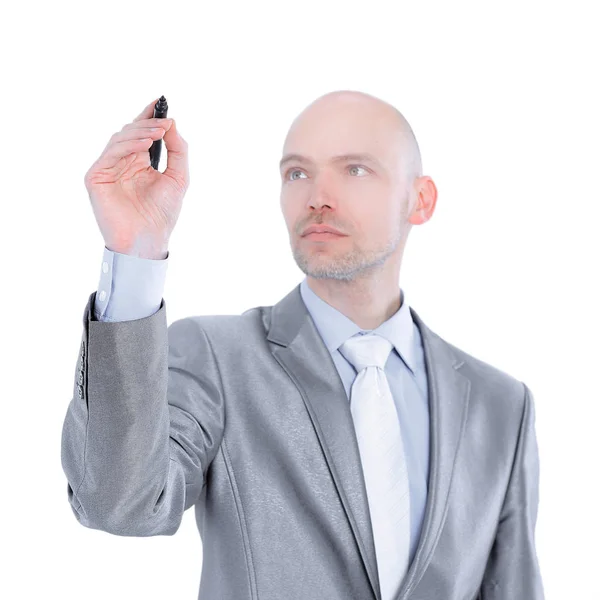 Empresário sério apontando um marcador no ponto virtual. — Fotografia de Stock