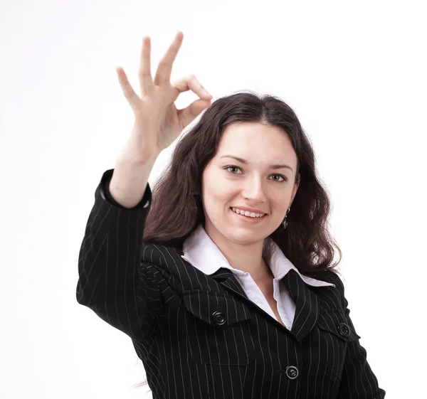 Modern young business woman showing OK sign. — Stock Photo, Image