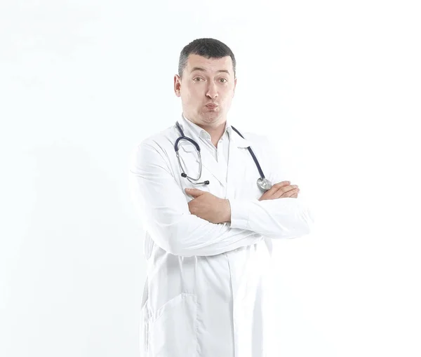 Lekarz terapeuta pewnie z stethoscope.isolated na białym — Zdjęcie stockowe