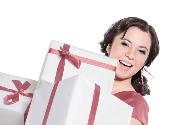 Happy young woman with gift boxes. photo with copy space — Stock Photo, Image