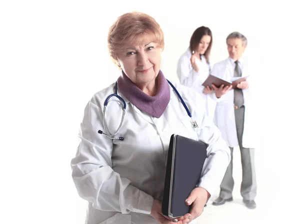 Female Doctor Therapist Laptop Blurred Background Colleagues — Stock Photo, Image