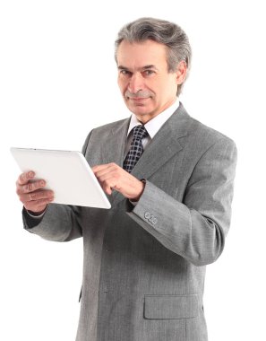 Beyaz arka plan üzerinde dijital tablet screen.isolated, işadamı işaret parmağı