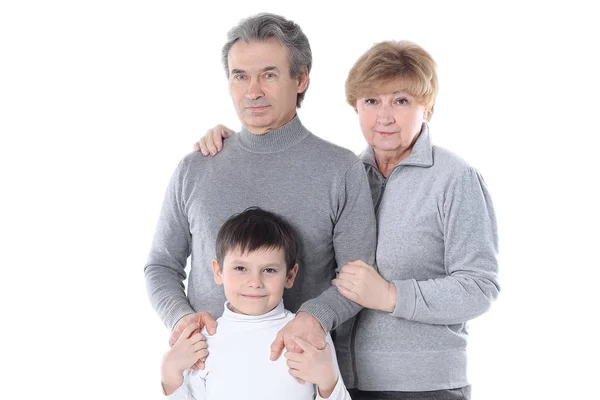 Mormor, Morfar och barnbarn. isolerad på vit. — Stockfoto