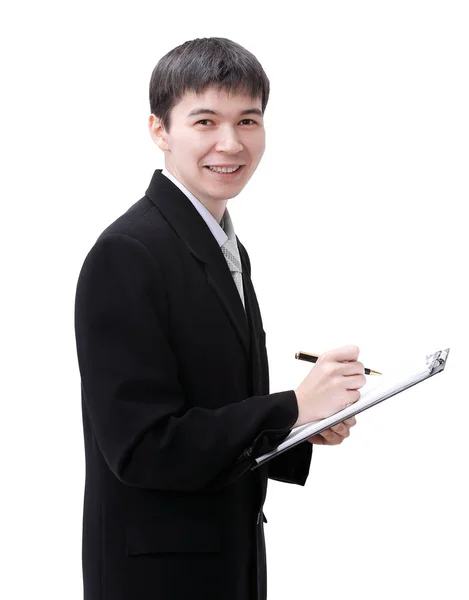 Úspěšný mladý podnikatel s documents.isolated na bílém. — Stock fotografie