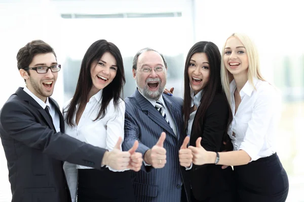 Closeup head and business team showing thumb up. — Stock Photo, Image