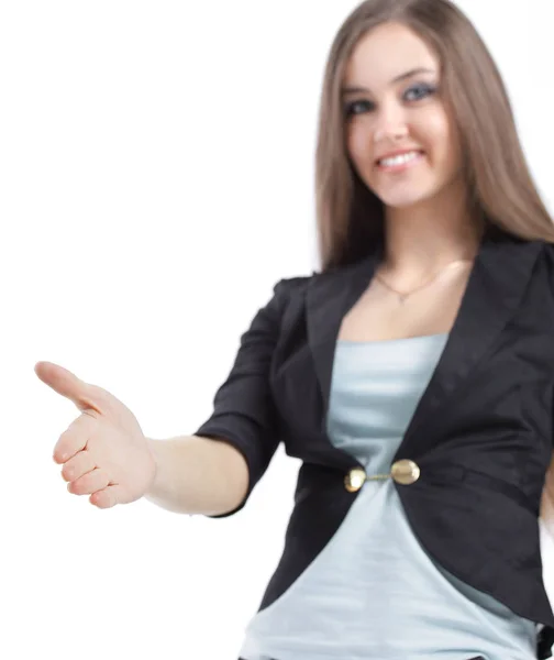 Vacker affärskvinna pekar på kopia utrymme — Stockfoto