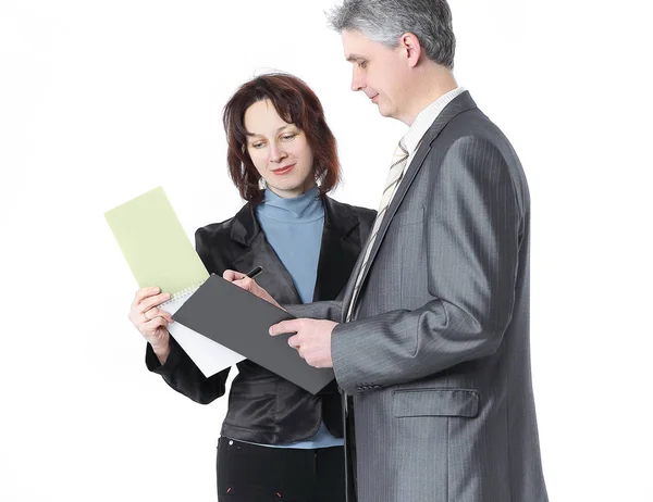 Zakenman en vrouwelijke assistent werk kwesties bespreken. — Stockfoto