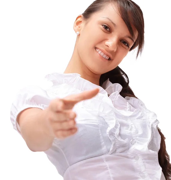 Young business woman holding out hand for greeting. — Stock Photo, Image