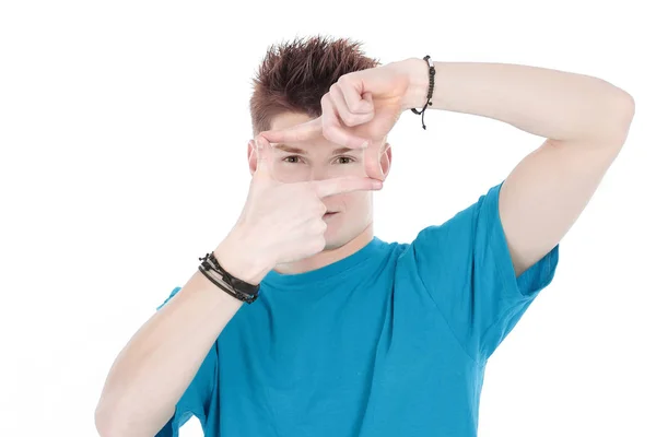Tipo con la camisa azul, mostrando el marco de sus manos —  Fotos de Stock