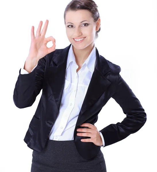 Mujer de negocios exitosa mostrando OK sign.isolated en blanco —  Fotos de Stock