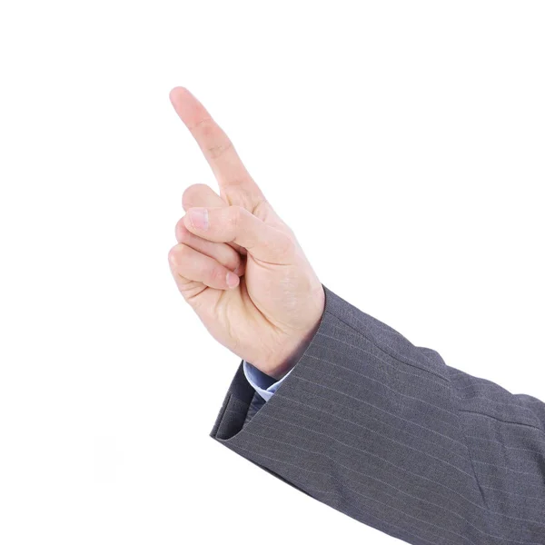 Hand of a businessman pointing at a dot on a blank screen. — Stock Photo, Image