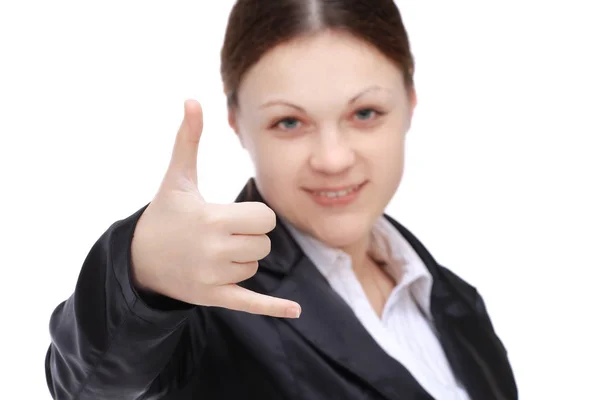 Portrait of young business woman showing thumb up — Stock Photo, Image