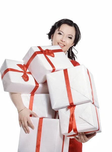 Happy young lady with lots of gift boxes — Stock Photo, Image