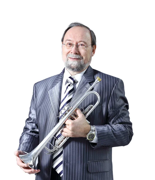 Homem em um terno cinza com uma trombeta — Fotografia de Stock