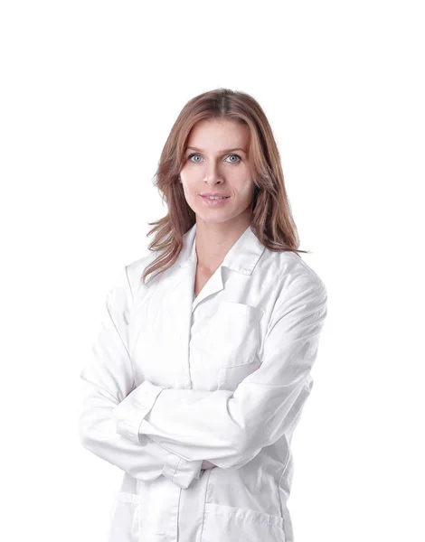 Retrato de mujer joven médico aislado en blanco . — Foto de Stock