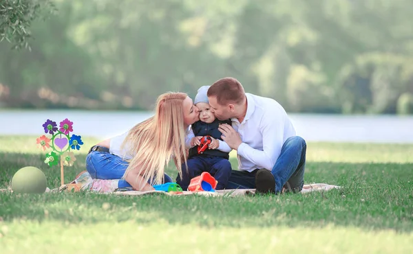 Отец, мать и маленький сын на пикнике в парке . — стоковое фото