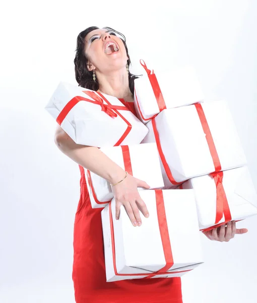 Mulher feliz com caixas de presente. Foto com espaço de cópia — Fotografia de Stock