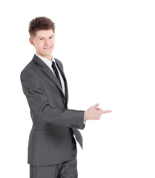 Jonge zakenman wijzend op de ruimte van een kopie. — Stockfoto