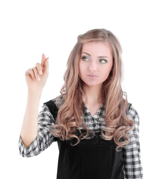 Ung affärskvinna pekar på kopia utrymme. — Stockfoto