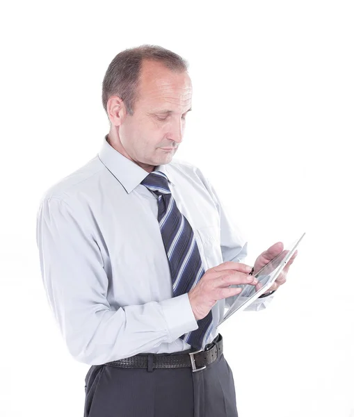 Biznesmen z tabletem cyfrowym.izolowany na białym tle — Zdjęcie stockowe