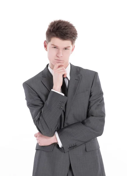 Pensive man props head with hand, isolated on white — Stock Photo, Image