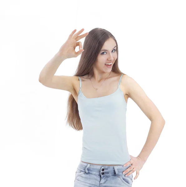 Moderne junge Frau zeigt das Okay-Zeichen — Stockfoto