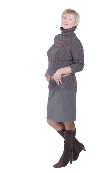 Schöne Frau im Strickpullover. Isoliert auf einem weißen — Stockfoto