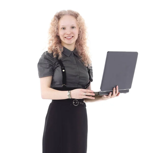 Νεαρή γυναίκα εργάζεται για laptop.isolated σε λευκό — Φωτογραφία Αρχείου