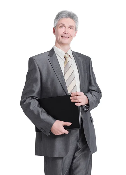 Exitoso hombre de negocios con carpeta de cuero.aislado en blanco — Foto de Stock